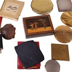 Collection of vintage compact mirrors, pill boxes and vanity cases, including Agme, Coty and Flamingo examples