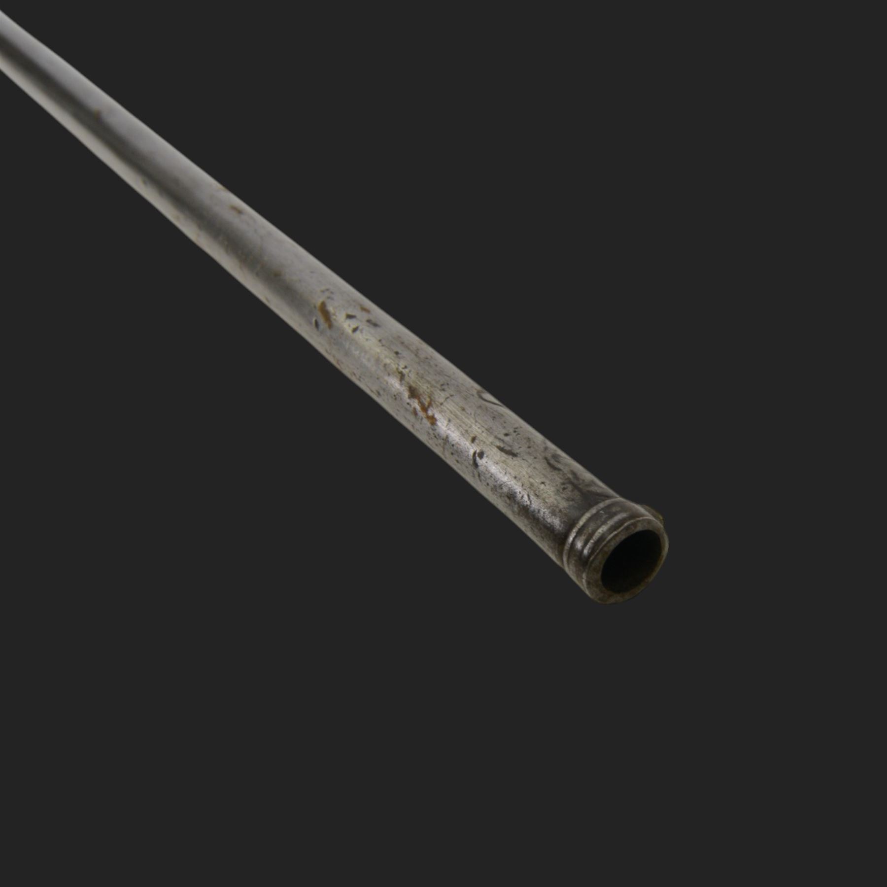 Middle Eastern percussion cap rifle, the 107cm  barrel with four brass bands and ramrod under, overall L143cm, together with another percussion rifle the 106cm barrel a copy of a 17th century Spanish barrel, complete with fake stamp, by vendors repute this rifle was confiscated from tribesmen in Kurdistan by police
Sold as an exempt item under Section 58 (2) of the 1968 Firearms Act, to be held as a curiosity or ornament