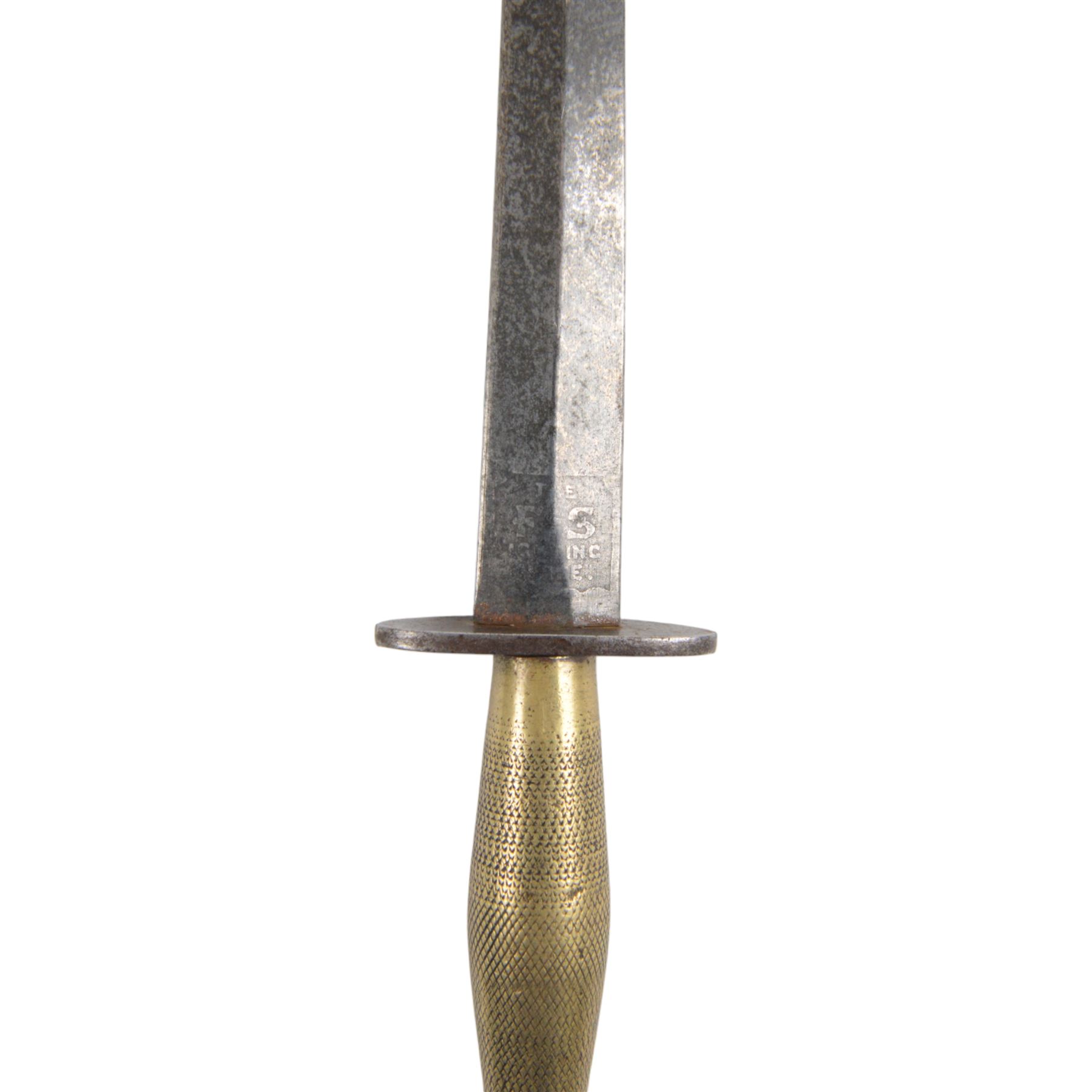 Fairbairn Sykes Fighting Knife, the 17cm double edged blade etched to the ricasso 'F-S Fighting Knife', brass checkered grip with steel ball pommel nut, overall L29cm