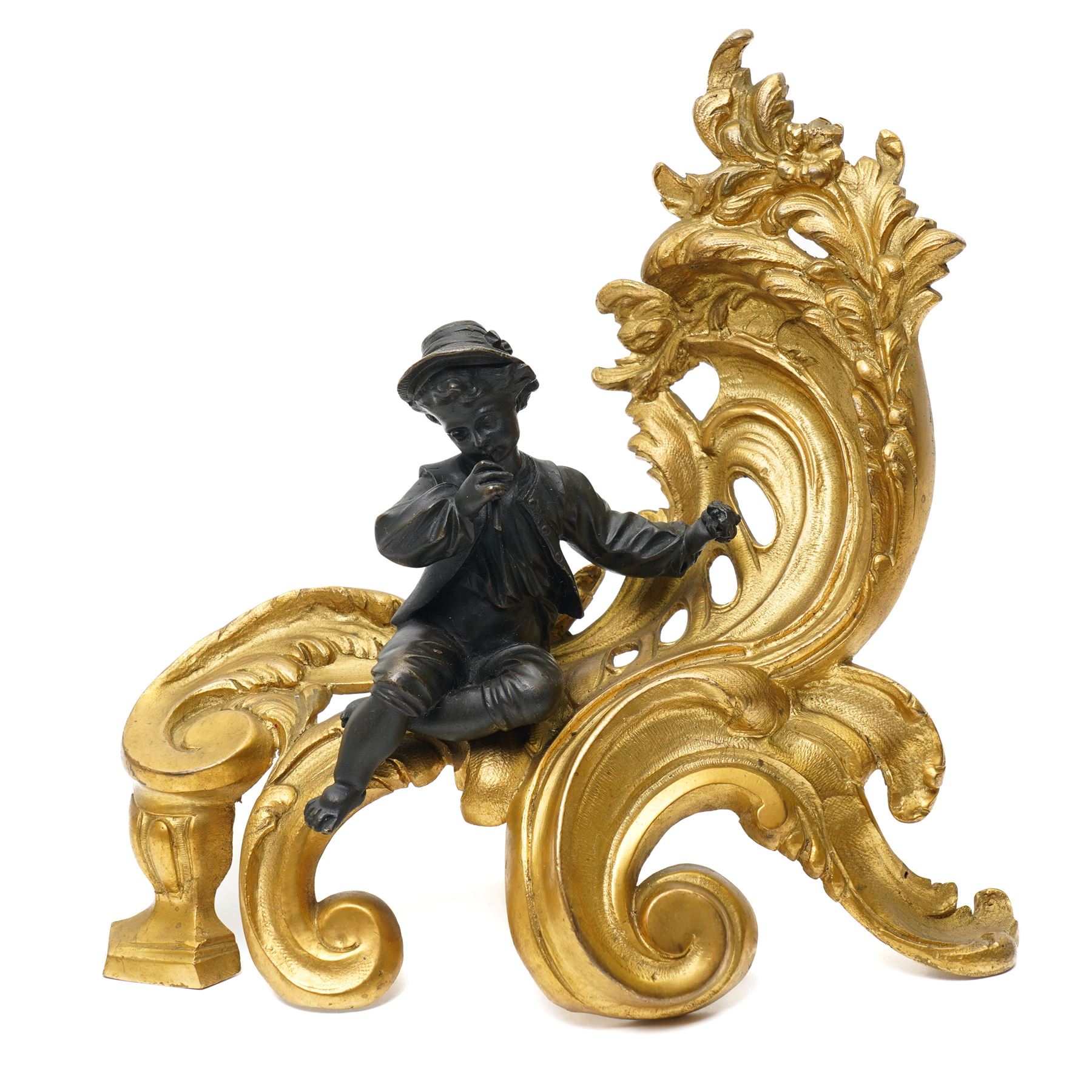 Pair of gilt metal Louis XIV style chenets, mounted with two bronze figures of a boy and girl, H29cm W30cm 