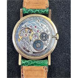 Bueche-Girod 9ct gold, manual wind wristwatch, white dial with Roman numeral hour markers, London 1977, on green leather strap
