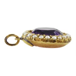 Victorian gold oval amethyst brooch, gold amethyst and seed pearl pendant and a large gold citrine and pearl brooch, all 9ct, hallmarked or tested (3)