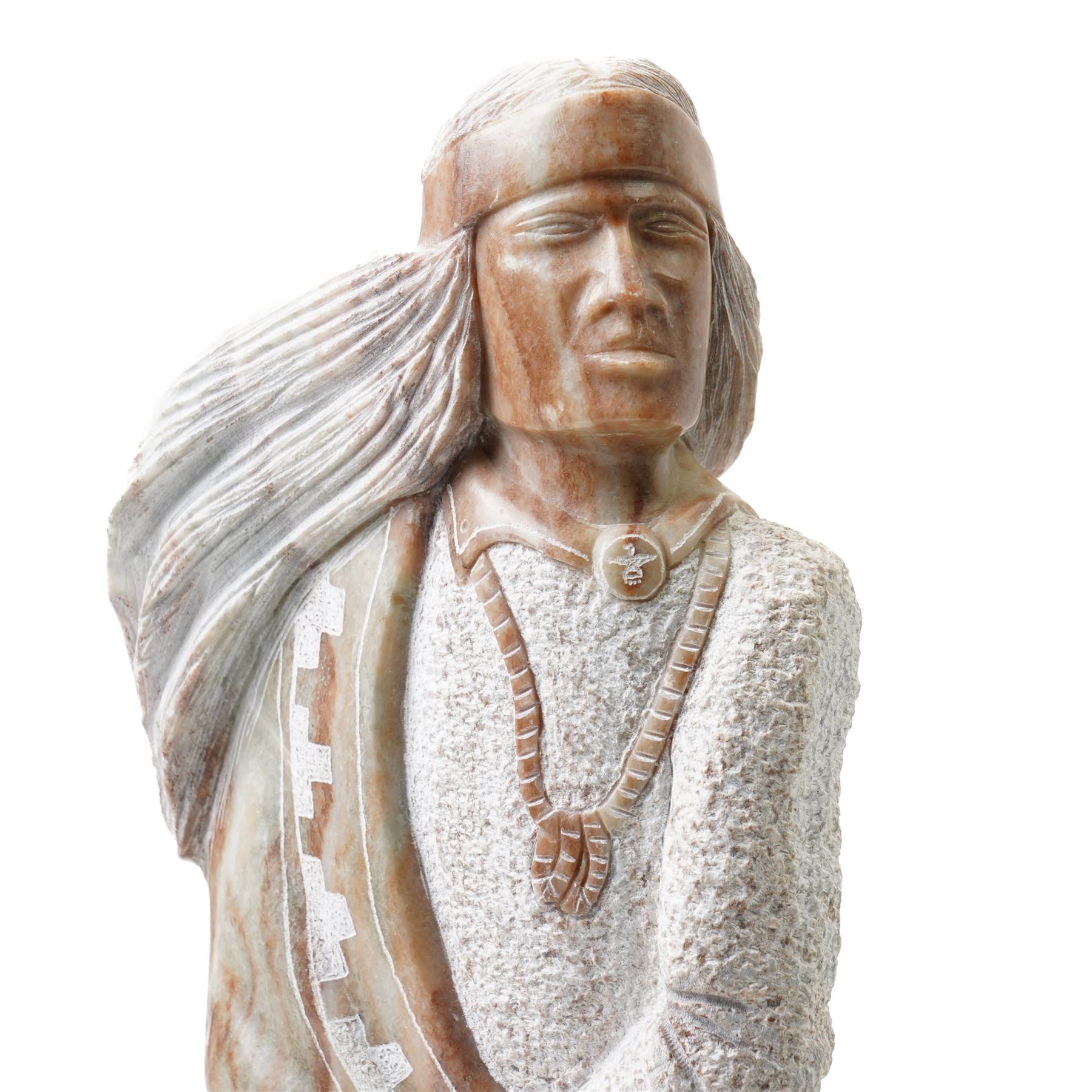 Roland Beyale (Native American Contemporary): Proudly Stood Man, carved alabaster sculpture signed and dated '97, on wooden base, overall H53cm 