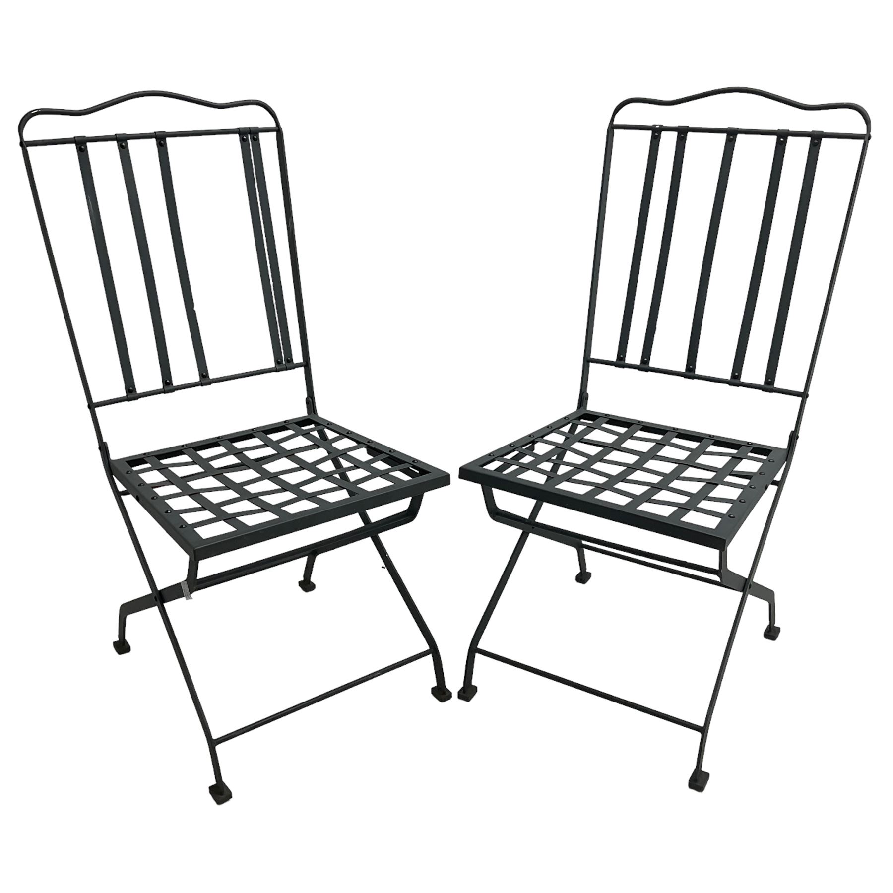 Set of six (4+2) grey finish wrought metal garden chairs, with shaped cresting rail over vertical slat back, latticework seat  - THIS LOT IS TO BE COLLECTED BY APPOINTMENT FROM DUGGLEBY STORAGE, GREAT HILL, EASTFIELD, SCARBOROUGH, YO11 3TX