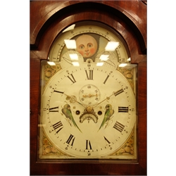  19th century figured mahogany longcase clock, enamel moon phase Arabic dial painted with birds, subsidiary seconds dial and date aperture, 8-day movement striking the hours on bell, H228cm  