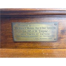 Edwardian walnut sheet music cabinet, raised back with plaque inscribed 