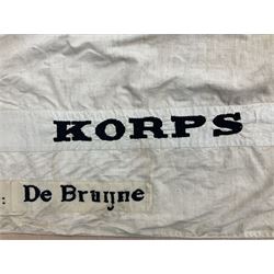 WW2 Belgian Partisan/Resistance two-sided banner embroidered in black on a cream ground 'Belgische Partisanen Korps 032 afd: Ph: De Bruyne' within a Belgian flag border; on wooden pole with gilded metal lion and laurel wreath finial