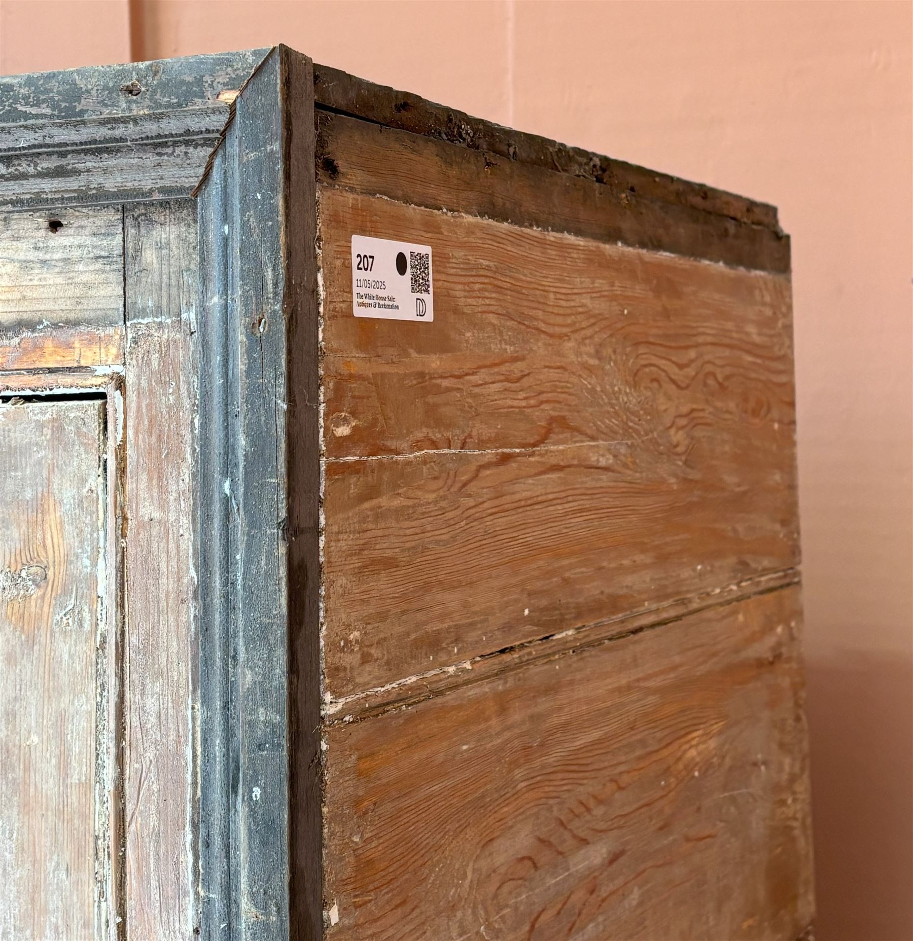 19th century pine country house kitchen cupboard, the two doors opening on strap hinges and enclosing two shelves. H174cm, W184cm, D61cm - COLLECTION BY APPOINTMENT FROM: The White House, Thirsk Road, Easingwold, York, YO61 3NF - CALL 01723 507111 TO ARRANGE