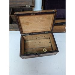 Brass bound wooden box, the hinged lid opening to reveal compartments, together with two other boxes 
