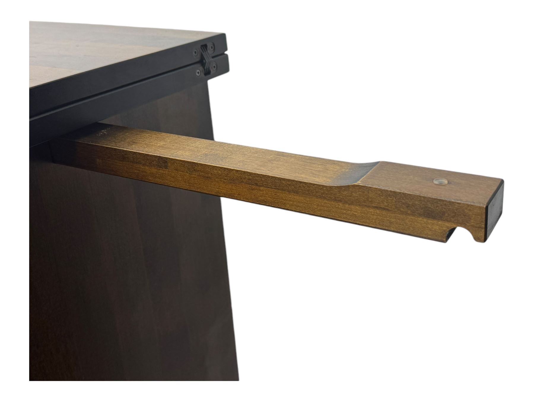 Laura Ashley - contemporary 'Garret' birch and dark chestnut finish bar cabinet, rectangular top with fold-out sides, double front doors enclosing shelving, wine racks, and glass storage, built-in stemware racks and bottle compartments, raised on plinth base