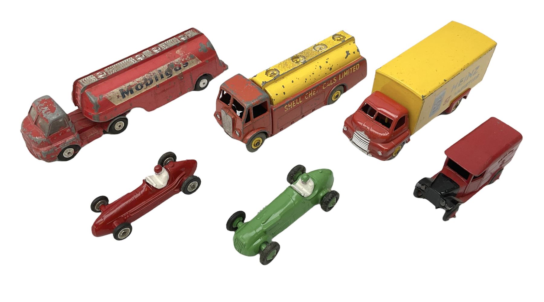 Dinky - five unboxed and playworn die-cast models comprising Supertoys Big Bedford Van 'Heinz' No.923; A.E.C. Monarch Thompson Tank; Maserati Racing Car No.231; H.W.M. Racing Car 23J; and Royal Mail Van; together with a Corgi Mobilgas Tanker (6)