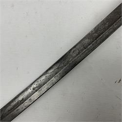 Mid-19th century Continental Light Cavalry troopers sword, with 89.5cm slightly curving fullered steel blade, black painted iron pierced half-basket hilt and wire-bound leather grip L105cm (no scabbard)