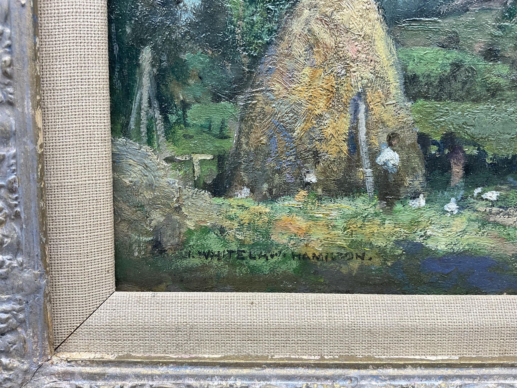 James Whitelaw Hamilton RSA RSW (Scottish 1860-1932): Girl with Chickens in a Farmyard, oil on panel signed 25.5cm x 33cm 