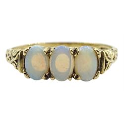 9ct gold three stone oval opal ring, hallmarked