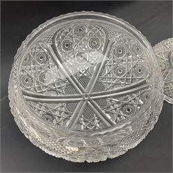 Cut glass table lamp base, of tapering form upon circular base, with conforming cut glass domed lamp shade, H45cm