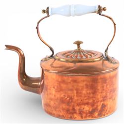 Copper kettle, warming pan and large pedestal bowl