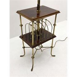 Edwardian walnut and brass standard lamp and combination magazine rack, moulded rectangular top over six division rack supported by brass columns, splayed supports, 33cm x 45cm, H154cm (height excluding the fitting and shade)