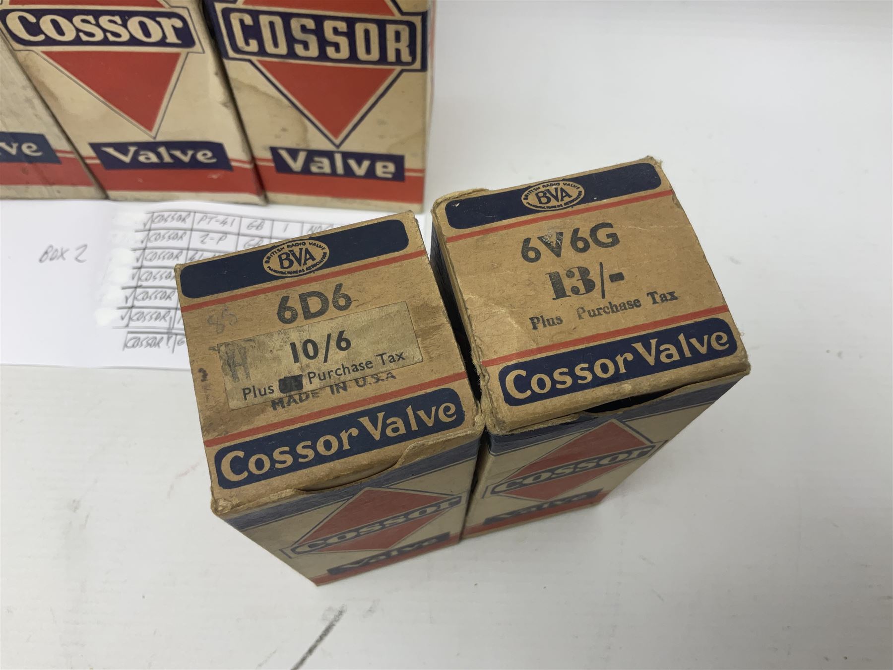 Seven Cossor thermionic radio valves/vacuum tubes, to include PT-41, 2-P, 41-MHL, 6V6G x 2, 6D6, 13-VPA, as per list, boxed