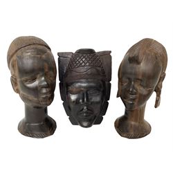 Two carved African hardwood heads and mask, tallest H24cm