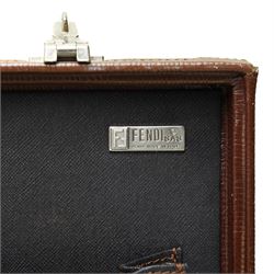 Fendi structured briefcase, brown FF monogram embossed leather with linear texture and single rolled leather top handle, silver-tone hardware, the hinged frame secured by two central push-lock clasps and supplied with two keys stamped CGV, the interior lined in black cross-grain leather with document compartments and metal plaque stamped FENDI S.A.S. ROMA MADE IN ITALY, W42cm D32cm H8cm