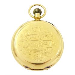 Edwardian 18ct gold half hunter keyless lever presentation pocket watch by Manoah Rhodes & Sons, Bradford, No. 16317, white enamel dial with Arabic hour markers and subsidiary seconds dial, back case monogrammed with initials, markers mark JG, London 1907, in original silk and velvet lined case