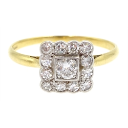  Gold diamond square cluster ring, stamped 18ct  