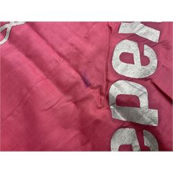 1970s Soviet banner printed in gold on a red ground, roughly translates as 'Transferable Banner - To the winner in the Socialist Competition' and 'Work Study Live by Communism' verso; wreath of wheat ears to either side; tassels on three sides 110 x 155cm