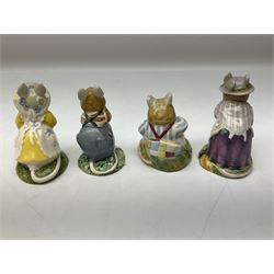 Fifteen Royal Doulton Brambly Hedge figures, comprising Wilfred Toadflax, Dusty Dogwood, Mrs Toadflax, Mr Apple, Primrose Woodmouse, Lord Woodmouse, Poppy Everbright, two Lady Woodmouse, two Old Mrs Everbright, Mr Toadflax, Mrs Apple, Santa Bunnykins and Bunnykins, together with three Royal Albert Wind in the Willows figures comprising Ratty, Badger and Mole, all with printed marks beneath (18)