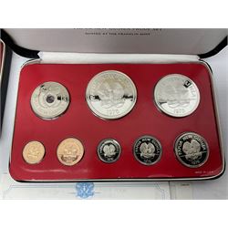 Four Papua New Guinea proof eight coin sets, from ten kina to one toea, comprising First Coinage of Papua New Guinea 1975 proof set, 1976, 1977, and 1979 proof sets, the 1977 and 1979 sets containing 925 silver ten kina and 500 silver five kina coins, all minted at the Franklin Mint, cased with certificates (4)