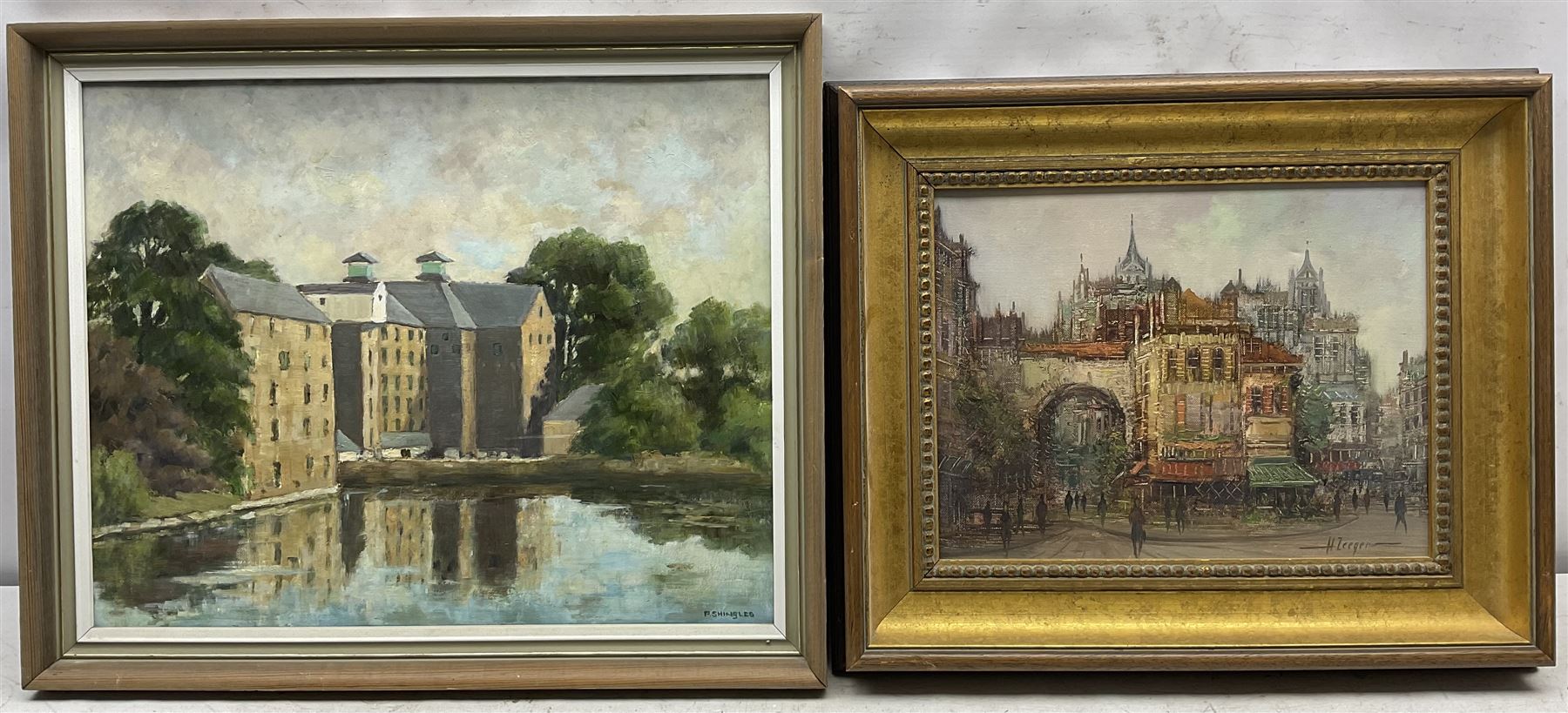 Pauline Shingles (Yorkshire 20th century): 'Maltings - Nafferton', oil on board signed, titled on label verso 39cm x 49cm; Continental School (20th century): Street Scene, oil on canvas indistinctly signed 26cm x 34cm (2)