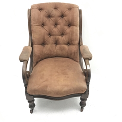Victorian mahogany framed armchair, upholstered in deep buttoned chocolate fabric, turned supports, W74cm
