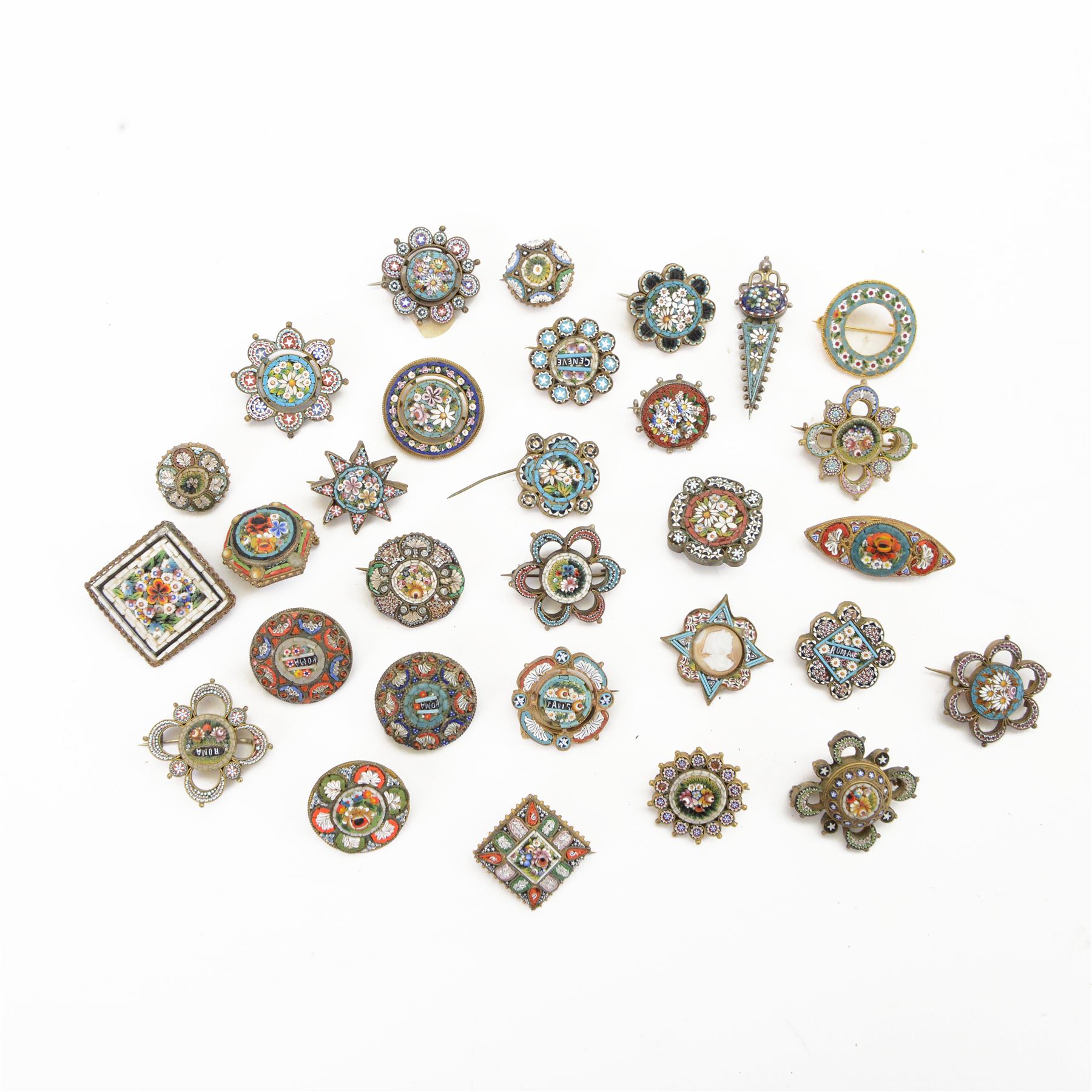Thirty micro mosaic brooches including four Roma examples, a Paris and Geneve example