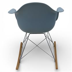 Vitra - RAR rocking chair, moulded plastic shell in ice grey with integrated arms, raised on chrome wire supports with stained wooden rocking runners