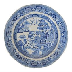 Collection of ten blue and white transfer plates, including two in Italian pattern with floral boarder, together with Willow pattern 