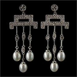  Pair of 18ct white gold Art Deco style pearl and diamond pendant ear-rings, stamped 750  