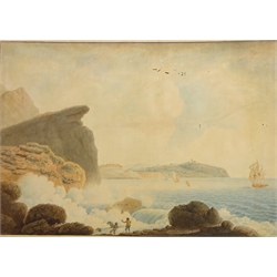  Fishing Off the Coast, watercolour indistinctly signed and dated 1915, 18cm x 26cm and Off Scarborough, 18th century watercolour after Francis Nicholson signed with initials and dated 1799, 37cm x 53cm unframed (2)  