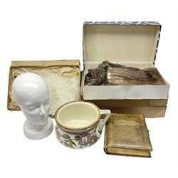 White Ostrich feather fan, together with ceramic head, leather bound photo book, Wedgwood chamber pot and other collectables 
