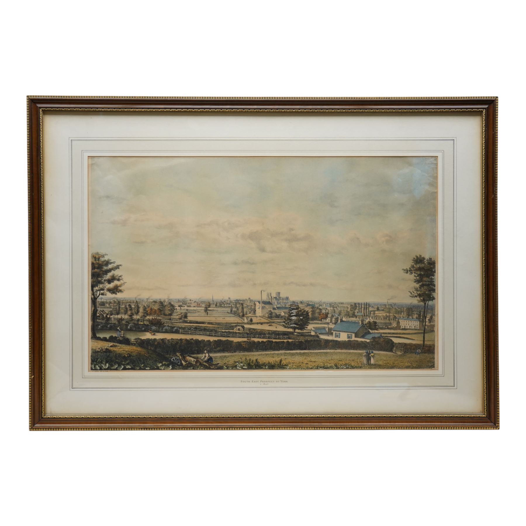 After Henry Cave (British 1779-1836): 'South East Prospect of York', mid-19th century lithograph with hand-colouring pub. c.1840, 35cm x 56cm