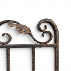 Victorian wrought iron vineyard gate, with ornate scrollwork and foliate acanthus leaf decoration, shaped cresting and central decorative panel, finished in rustic black painted finish
