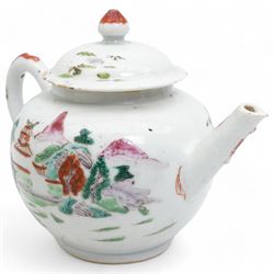 Small 18th century Chinese tea bowl and saucer decorated with ducks in flight and on a river bank, early 19th century Chinese tea pot decorated with landscapes, three small bowls and other Chinese items