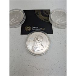 Three South Africa one ounce fine silver Krugerrand coins, dated 2017, 2018 and 2019