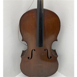 German Saxony three-quarter size cello for restoration, c1920, with 69cm two-piece maple back and ribs and two-piece spruce top, L111cm overall; with bow and canvas carrying case