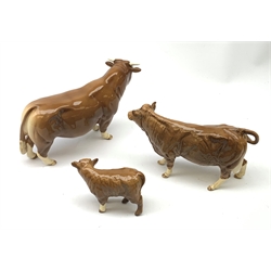 A Beswick Limousin Bull, Limousin Cow, and Limousin Calf, each with printed mark beneath, and all marked BCC 1998.  
