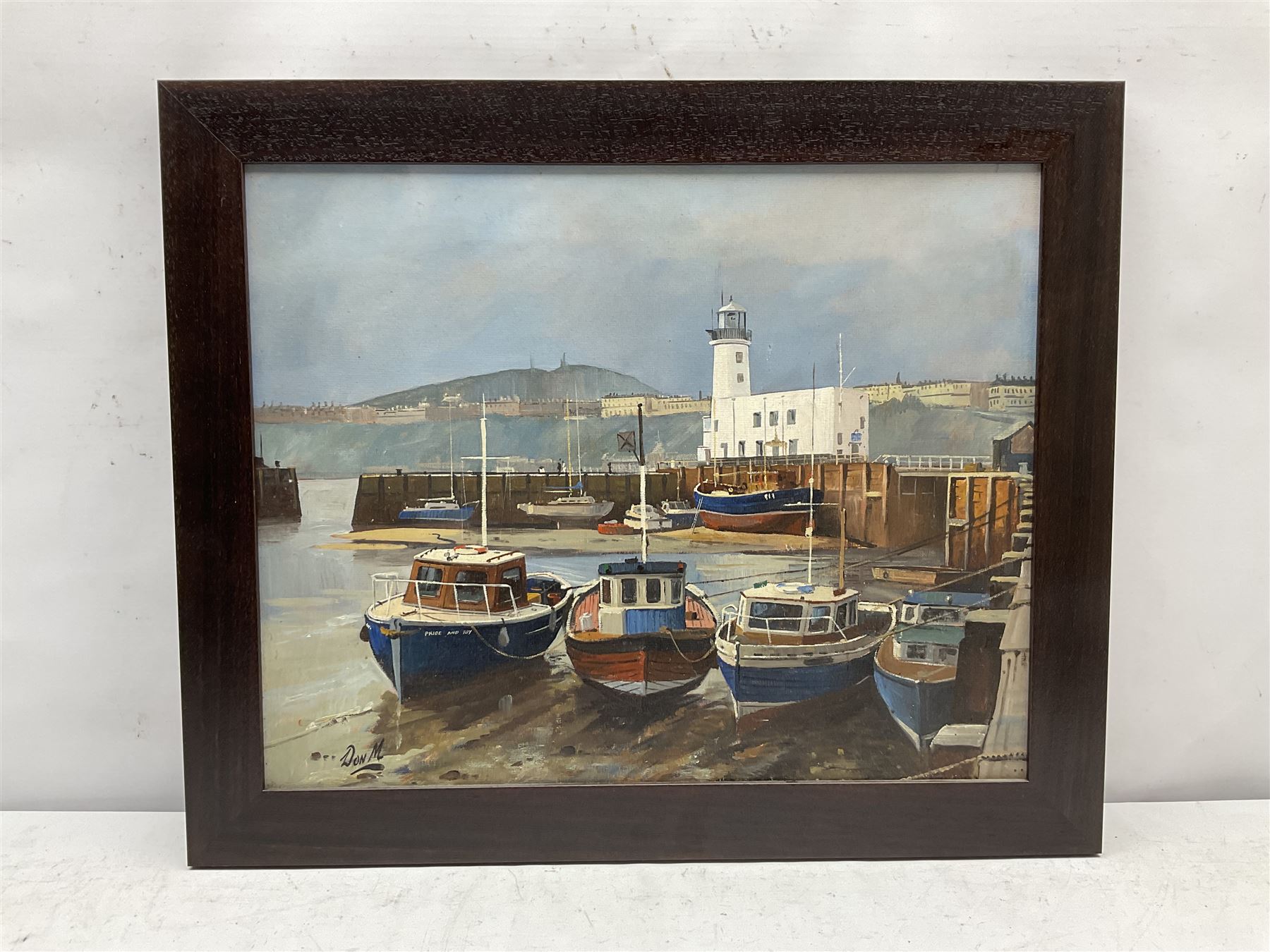 Don Micklethwaite (British 1936-): Scarborough Harbour with lighthouse, oil on board signed 39cm x 50cm