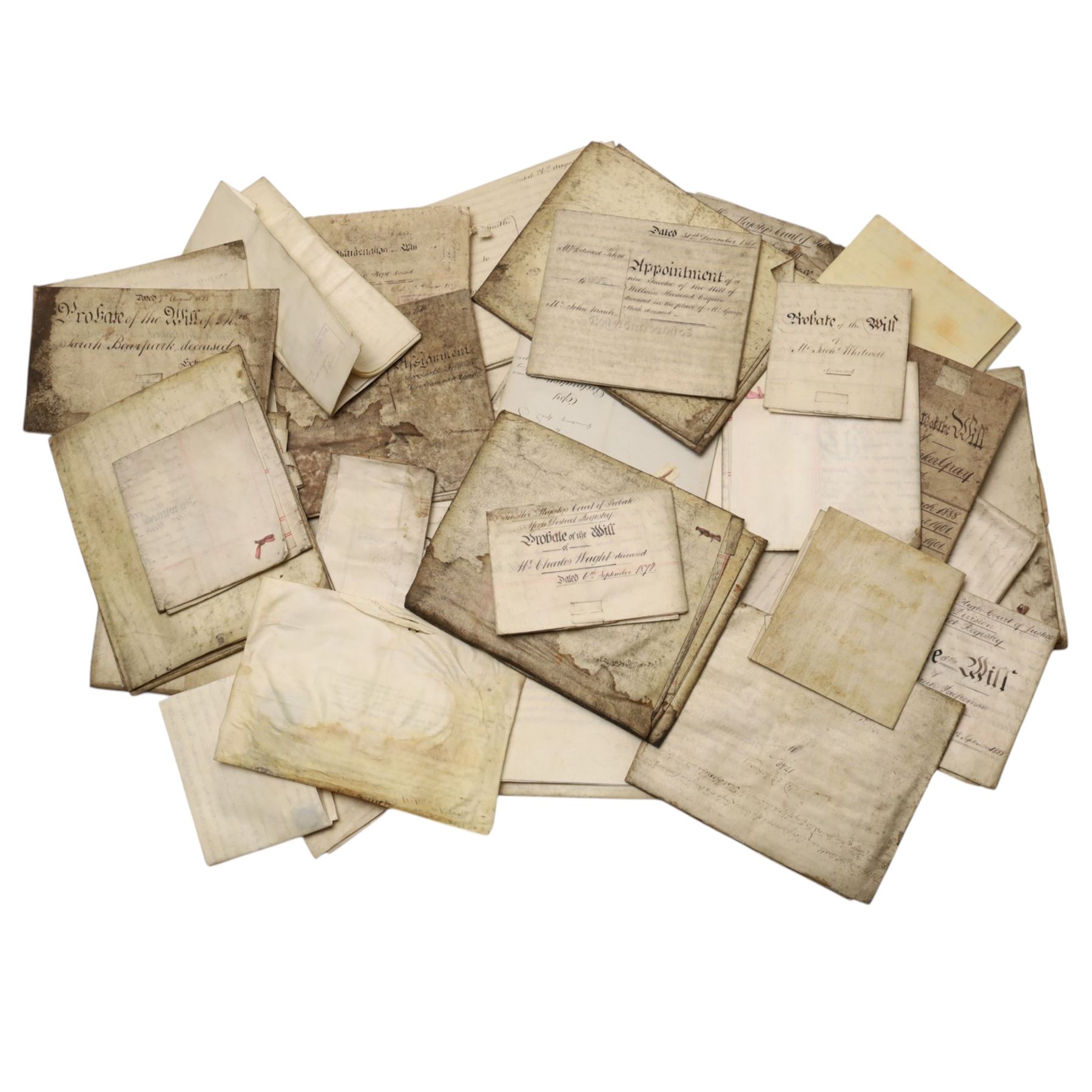 York interest - collection of 18th and 19th century vellum indentures, wills, probate documents and related papers concerning central York properties, streets and residents, including Micklegate, The Shambles, Bootham, Fishergate, Walmgate, Monkgate and Goodramgate, with probate of John Ealand, formerly of The Shambles, York, butcher, later of Swan Street, Nunnery Lane, probate of Roger Iddison of No.8 Portland Street, York, auctioneer, probate of Eliza Nottingham of Bootham Asylum, formerly of St Paul’s Square, together with documents relating to butchers, farmers, tradespeople and York families, many retaining original seals and stamps, in one box