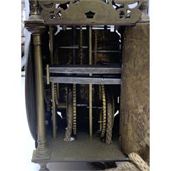 Brass lantern clock, raised strapped bell with final above pierced and dolphin engraved frets, the engraved dial decorated with foliage and signed 'Richard Breckells de Holmes Fecit', Roman chapter ring decorated with fleur-de-lus motifs