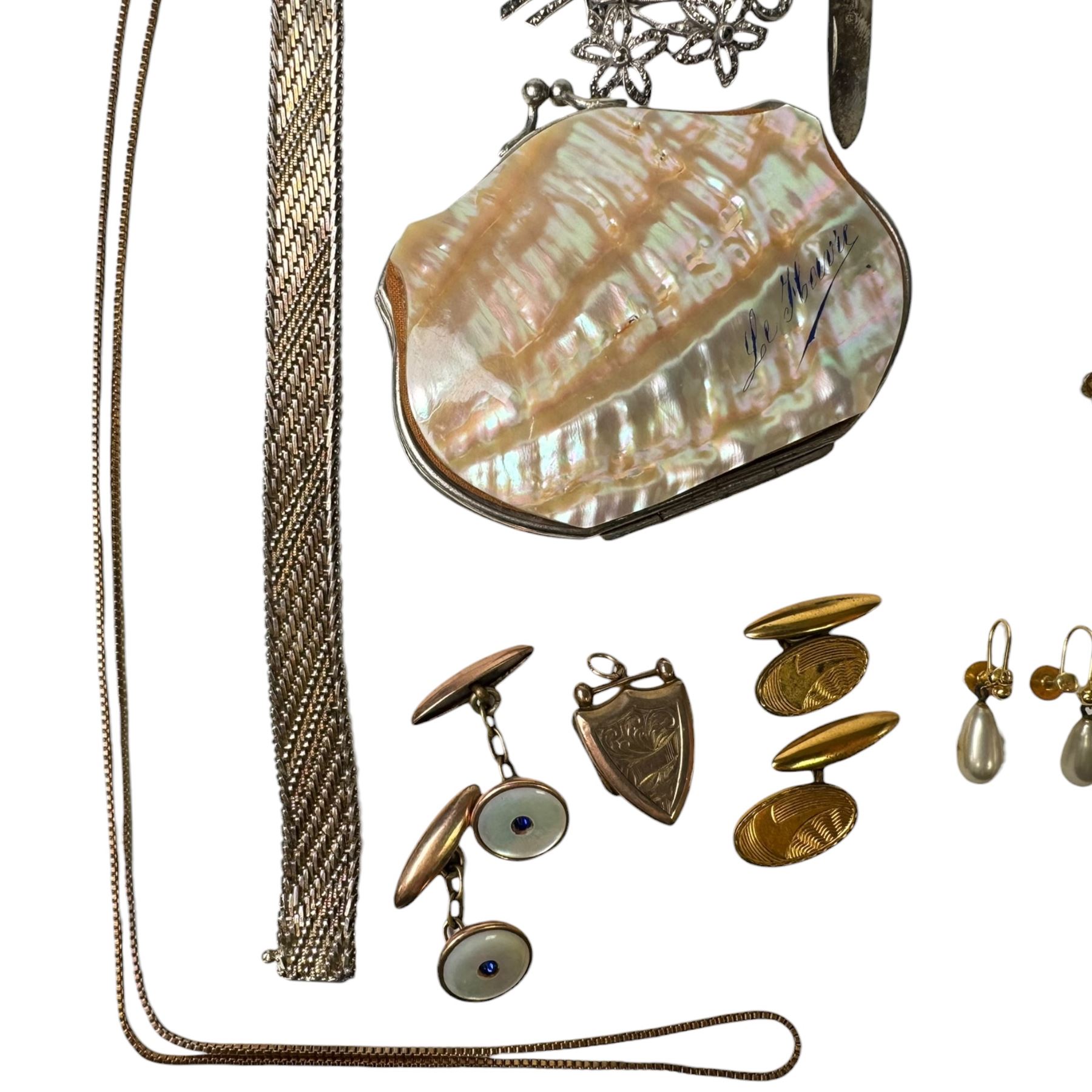 9ct three tone gold bracelet, hallmarked, pair of 9ct gold faux pearl screw back earrings, stamped 9ct, silver jewellery including bracelet, buckle ring and bangle, silver mother of pearl handled fruit knife and a collection of costume jewellery