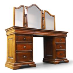 Willis & Gambier - cherrywood dressing table with mirror and stool, three-part mirror on turned uprights with finials, rectangular top above three cushion-moulded frieze drawers, twin pedestals each fitted with three graduated drawers, panelled sides and stepped plinth bases, stool with turned supports and padded seat