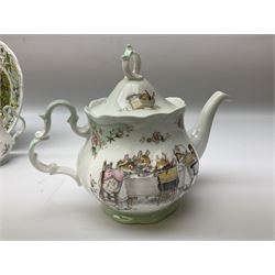 Royal Doulton Brambly Hedge ceramics, three piece Tea Service teapot, cream jug and sugar bowl, together with Summer pattern vase, The Engagement trinket box, Summer pattern miniature cup and saucer, Summer and Autumn miniature plates, and Special Occasion plates; The Wedding and The engagement 