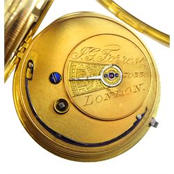 Victorian 18ct gold open face English lever fusee pocket watch by John George Forrest, London & Aberdeen, No. 70336, white enamel dial with Roman numerals and subsidiary seconds dial, case makers mark F.W, Chester 1880